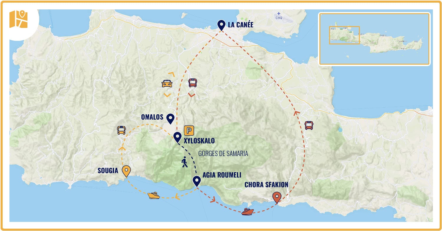 Carte de la Crète situant les Gorges de Samaria par rapport à La Canée