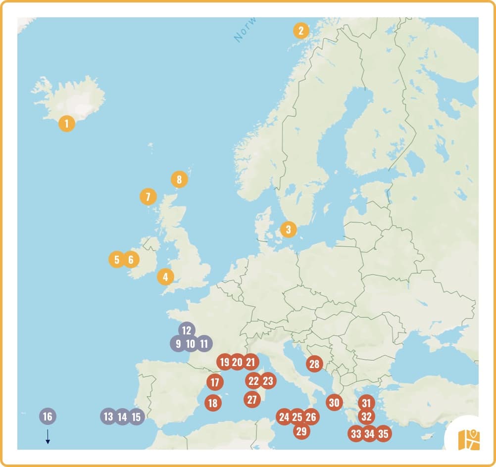 Carte des plus belles plages d'Europe